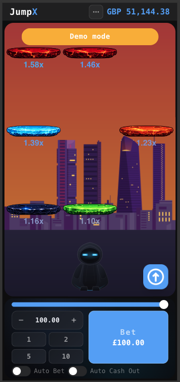JumpX mobile gameplay — Auto Bet and Auto Cash-Out controls